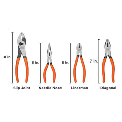 4 Piece Plier Set With Comfort Grips: 8 in, 7 in, Two 6 in.