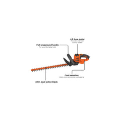 Electric Hedge Trimmer, 22-Inch, 4.0 Amp, Lightweight, Low Vibration